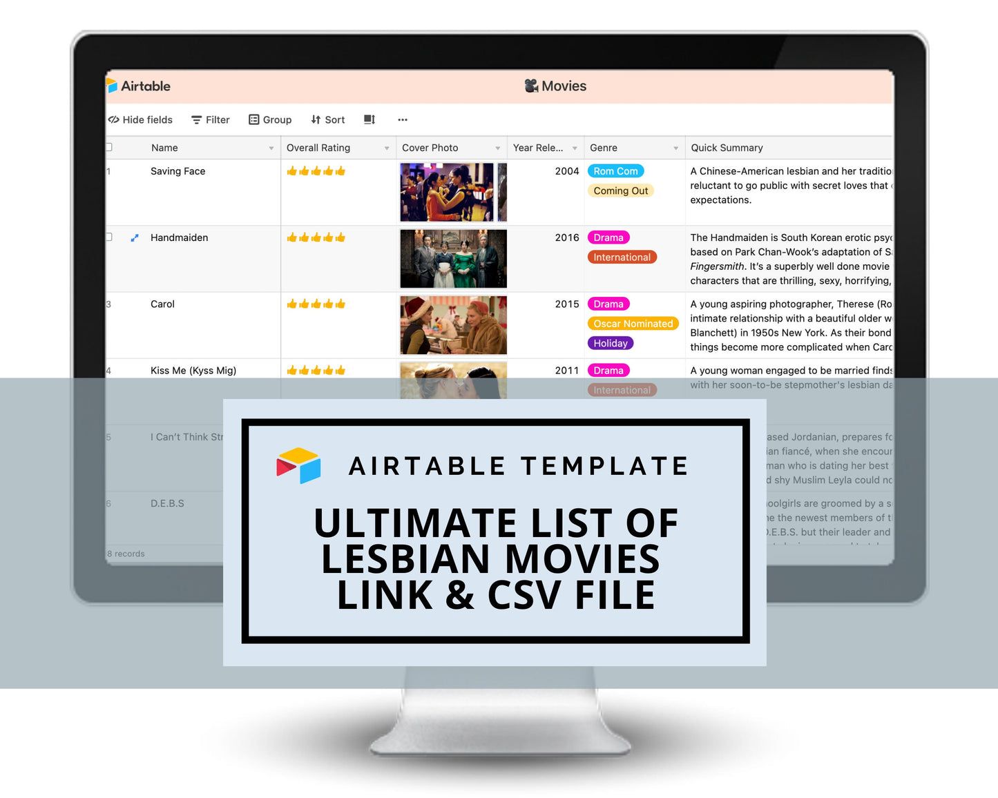 Ultimate List of Lesbian Movies to Watch | Downloadable Airtable Database | Digital CSV File