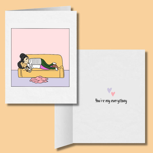 You're My Everything, Funny Romantic Lesbian Greeting Card, LGBTQ Anniversary Gifts, Sapphic WLW Female Cards, Gay Lesbian Couple Cuddling