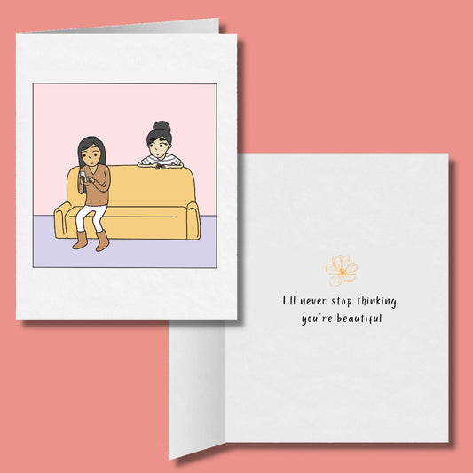 I'll Never Stop Thinking You're Beautiful, Romantic Lesbian Card, LGBT Gift, WLW Xmas Anniversary Birthday Card, Gay Lesbian Couple Hugging