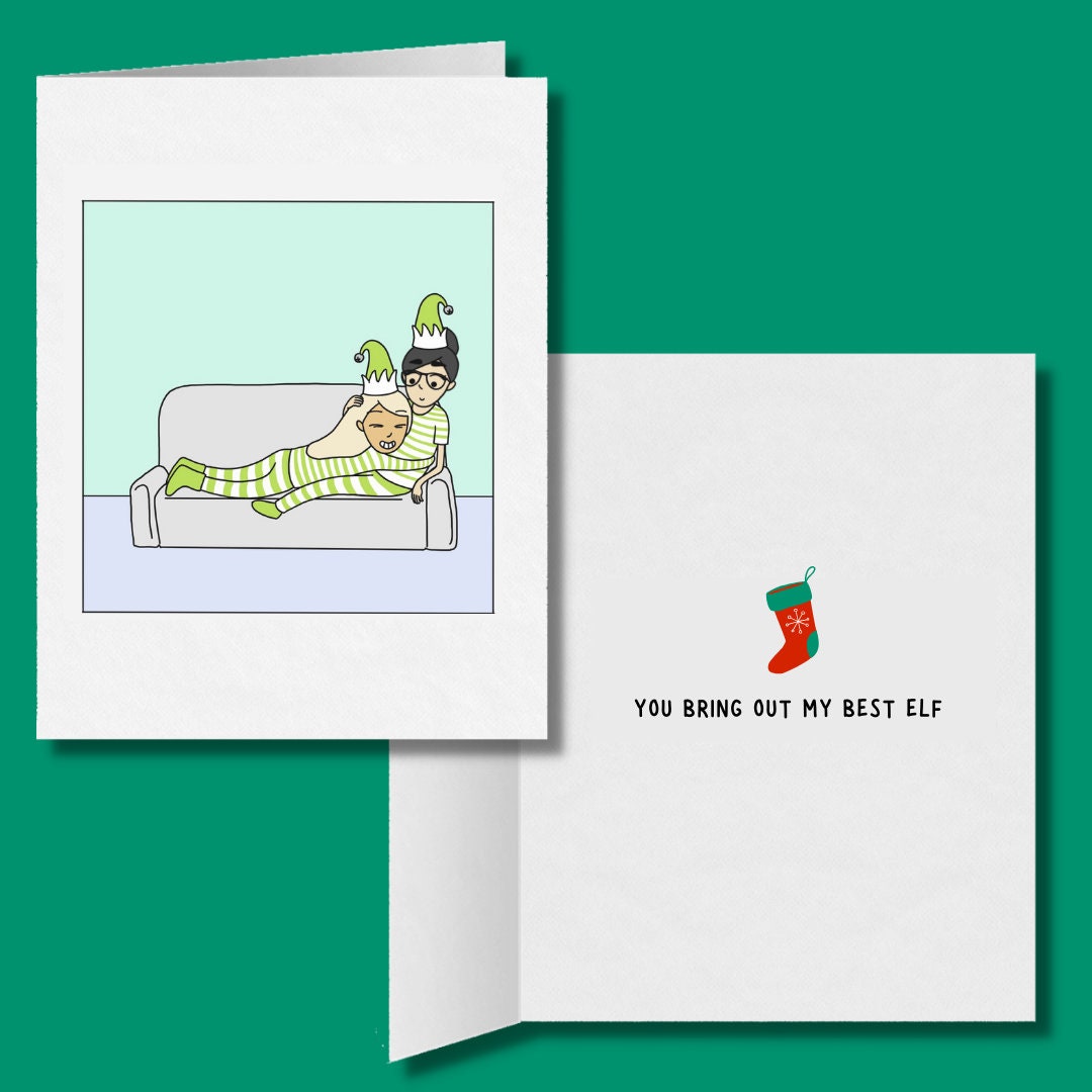 You Bring Out My Best Elf, Romantic Lesbian Christmas, Cute LGBTQ Holiday Gift, WLW Cuddling Sapphic Xmas Greeting Card, Punny Lesbian card