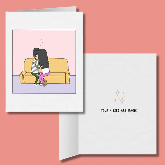 Your Kisses are Magic, Romantic Lesbian Christmas, Cute LGBT Holiday Gift, WLW Cuddling Sapphic Xmas Greeting Card, Gay Lesbian Couple Card