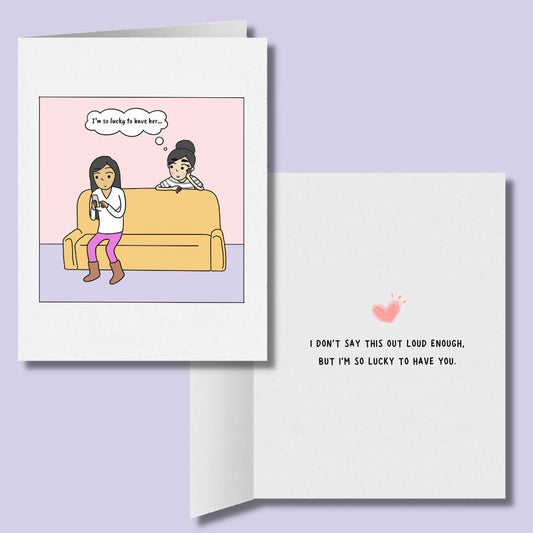 I'm So Lucky to Have You, Romantic Lesbian Card, Cute LGBT Holiday Gifts, WLW Sapphic Xmas Anniversary Birthday Card, Gay Lesbian Couple