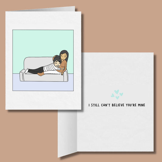 I Still Can't Believe You're Mine, Romantic Lesbian Card, LGBT Gift, WLW Sapphic Xmas Anniversary Birthday Card, Gay Lesbian Couple Cuddling