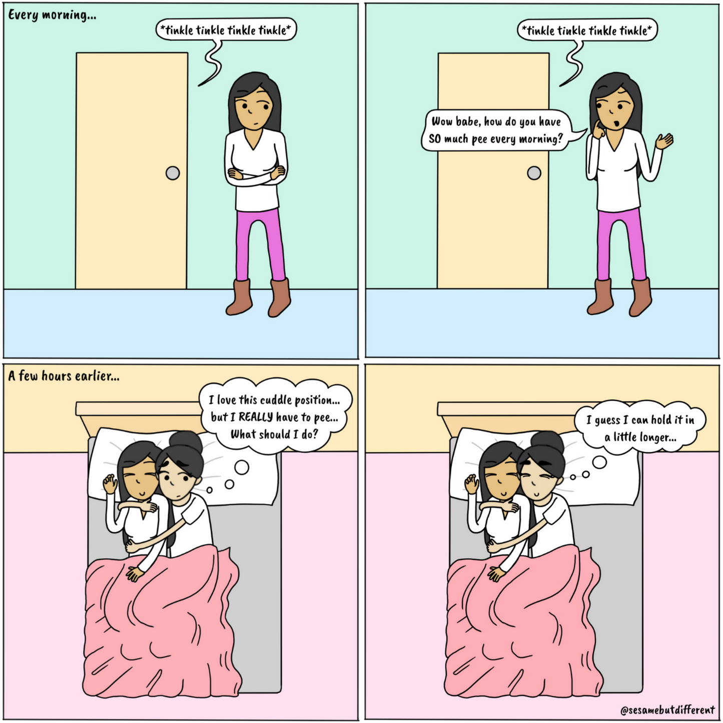 Important Morning Decisions | Cute Lesbian Gifts | LGBTQ Couple Cuddling Comic Print (10" x 10") |Sesame But Different