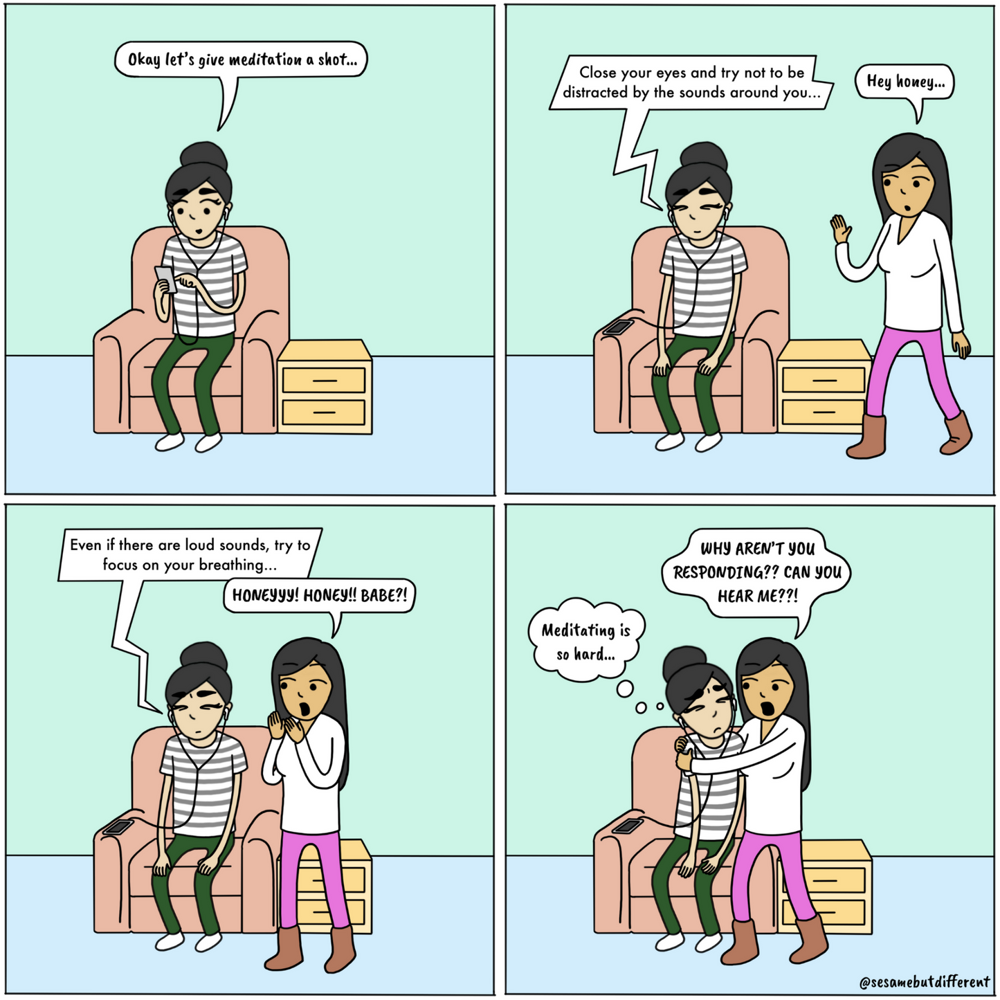 Meditation | Cute Lesbian Relationship | Anniversary Gifts | Lesbian LGBTQ Comic Print (10" x 10") | Full Color | Sesame But Different