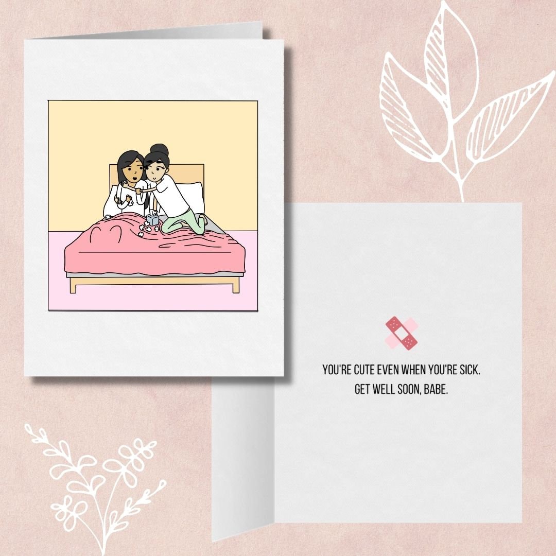 You're Cute Even When You're Sick | Get Well Soon Lesbian Card | Cute LGBTQ Gift | Sapphic WLW Greeting Card | Romantic Long Distance Card
