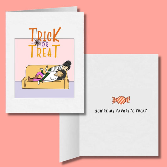 Trick or Treat My Favorite Treat | Romantic Lesbian Halloween Greeting Card | Cute LGBTQ Halloween Gift | Sapphic Relationship | WLW Couple