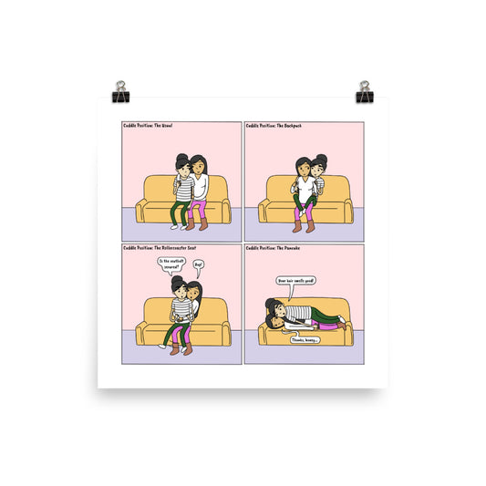 Cuddle Positions | Cute Lesbian Relationship | Anniversary Gifts | Lesbian LGBTQ Comic Print (10" x 10") | Full Color | Sesame But Different