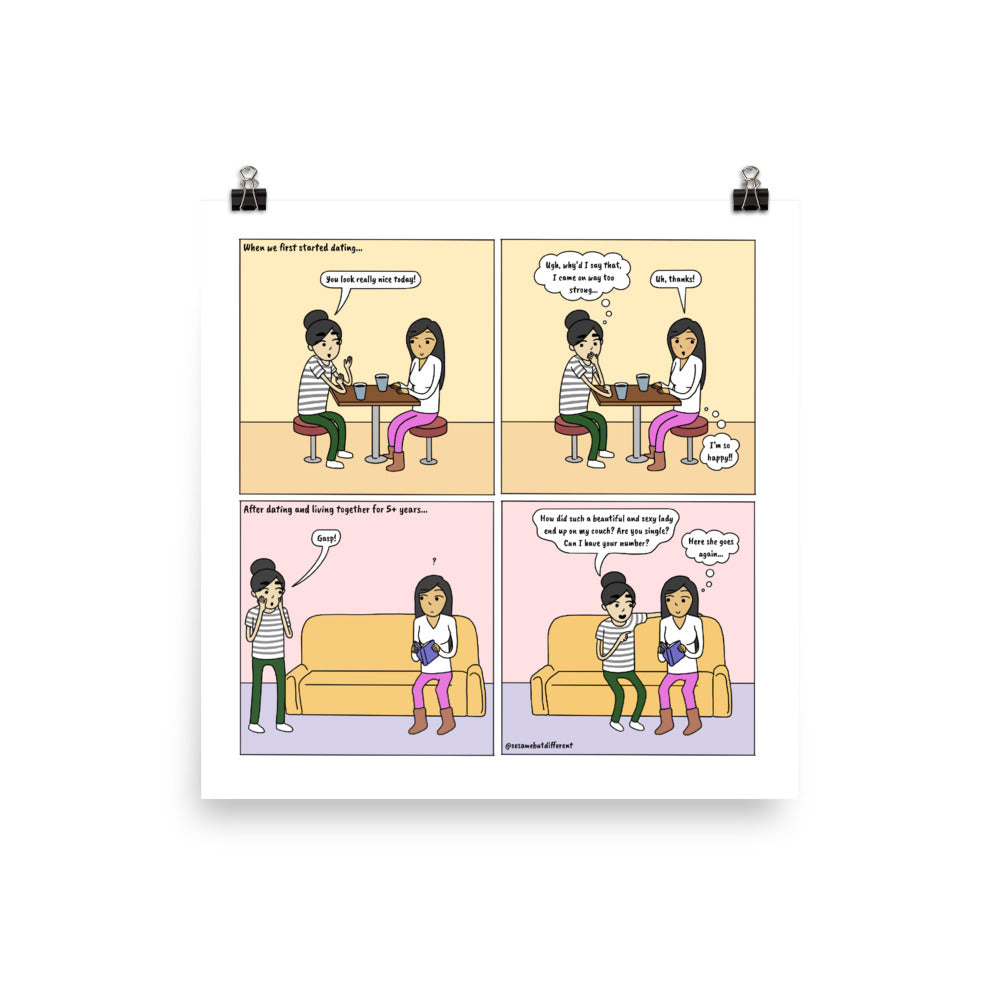 Coming On Strong | Cute Lesbian Relationship | Anniversary Gifts | Lesbian LGBTQ Comic Print (10" x 10") | Full Color | Sesame But Different
