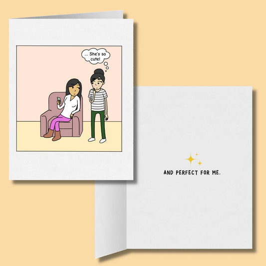 She's So Cute and Perfect for Me, Romantic Lesbian Greeting Card, LGBT WLW Sapphic Anniversary Birthday Card, Cute Gay Lesbian Couple Gifts