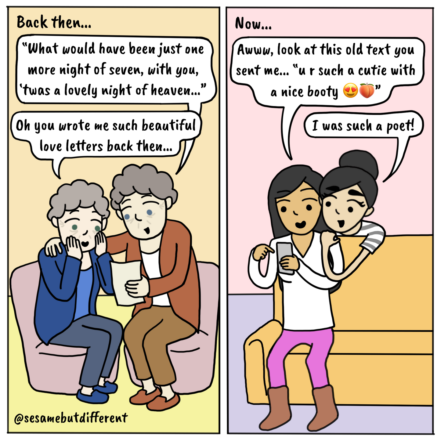 A Secret Love - Then vs. Now| Lesbian LGBTQ Comic Print (10" x 10") | Full Color | Sesame But Different