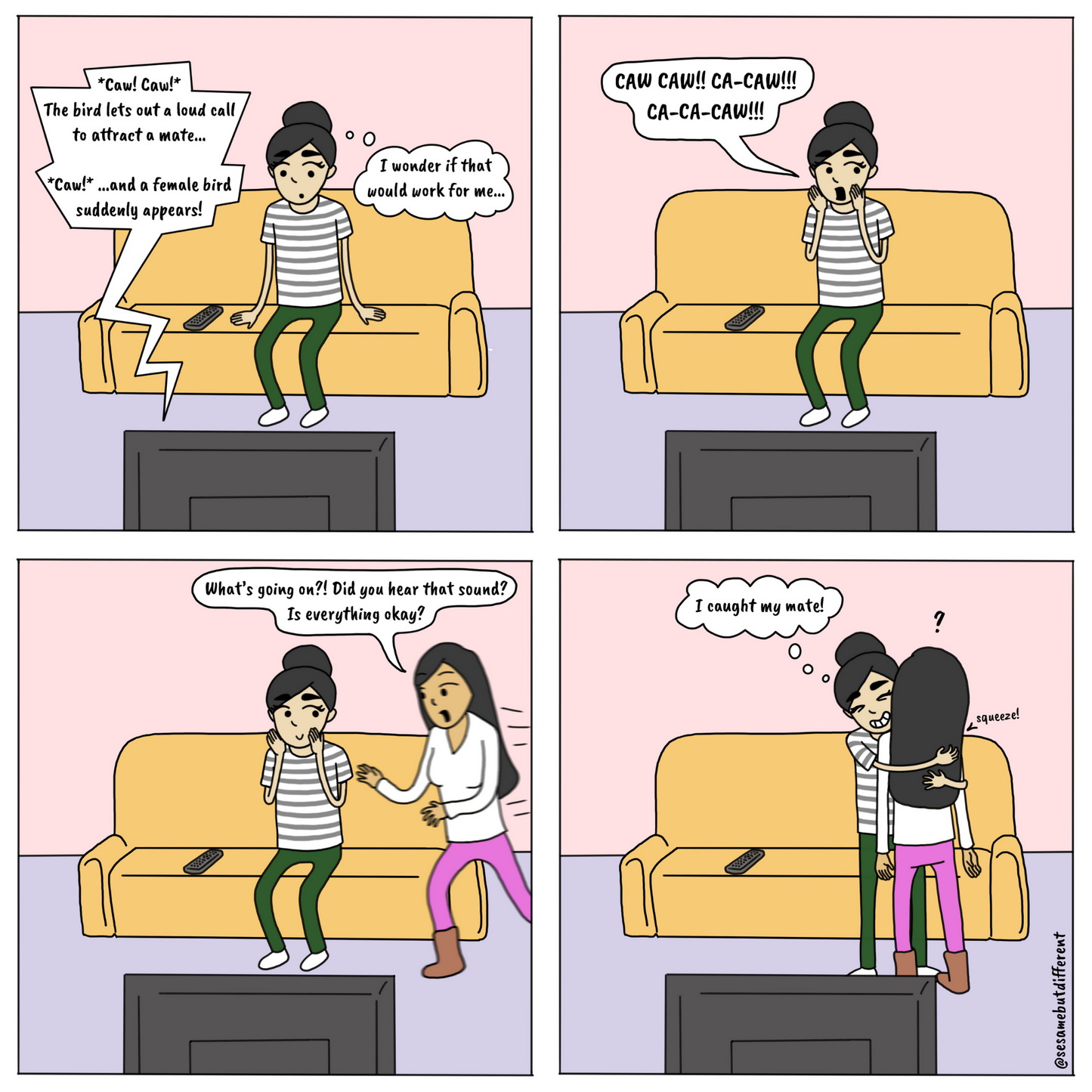 Mating Call | Lesbian LGBTQ Comic Print (10" x 10") | Full Color | Sesame But Different