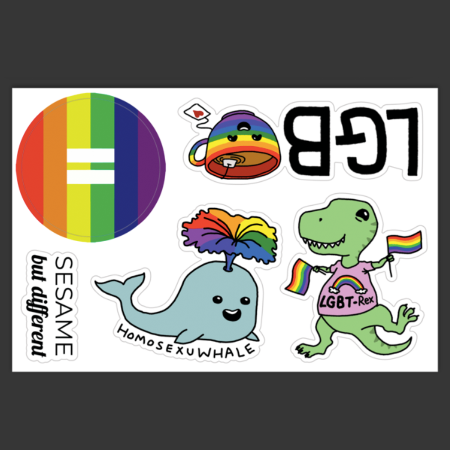 Punny Cute LGBT-Rex, Homosexu-Whale, LGB-Tea, Equality Rainbow Vinyl Sticker Sheet | Gay Pride | LGBTQ | Laptop Stickers