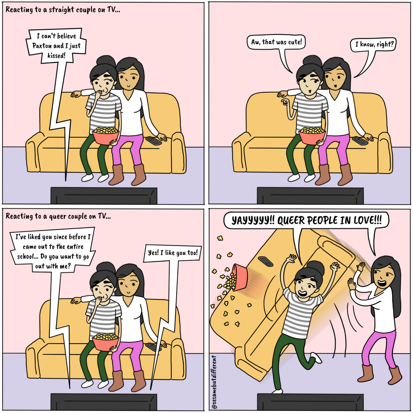 Straight vs. Queer Couples | Never Have I Ever |  Lesbian LGBTQ Comic Print (10" x 10") | Full Color | Sesame But Different