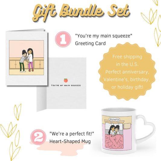 LGBT Valentine's Day Gift Bundle | Lesbian We're a Perfect Fit Heart-Shaped Mug | Main Squeeze Gay Greeting Card | Romantic Anniversary Gift