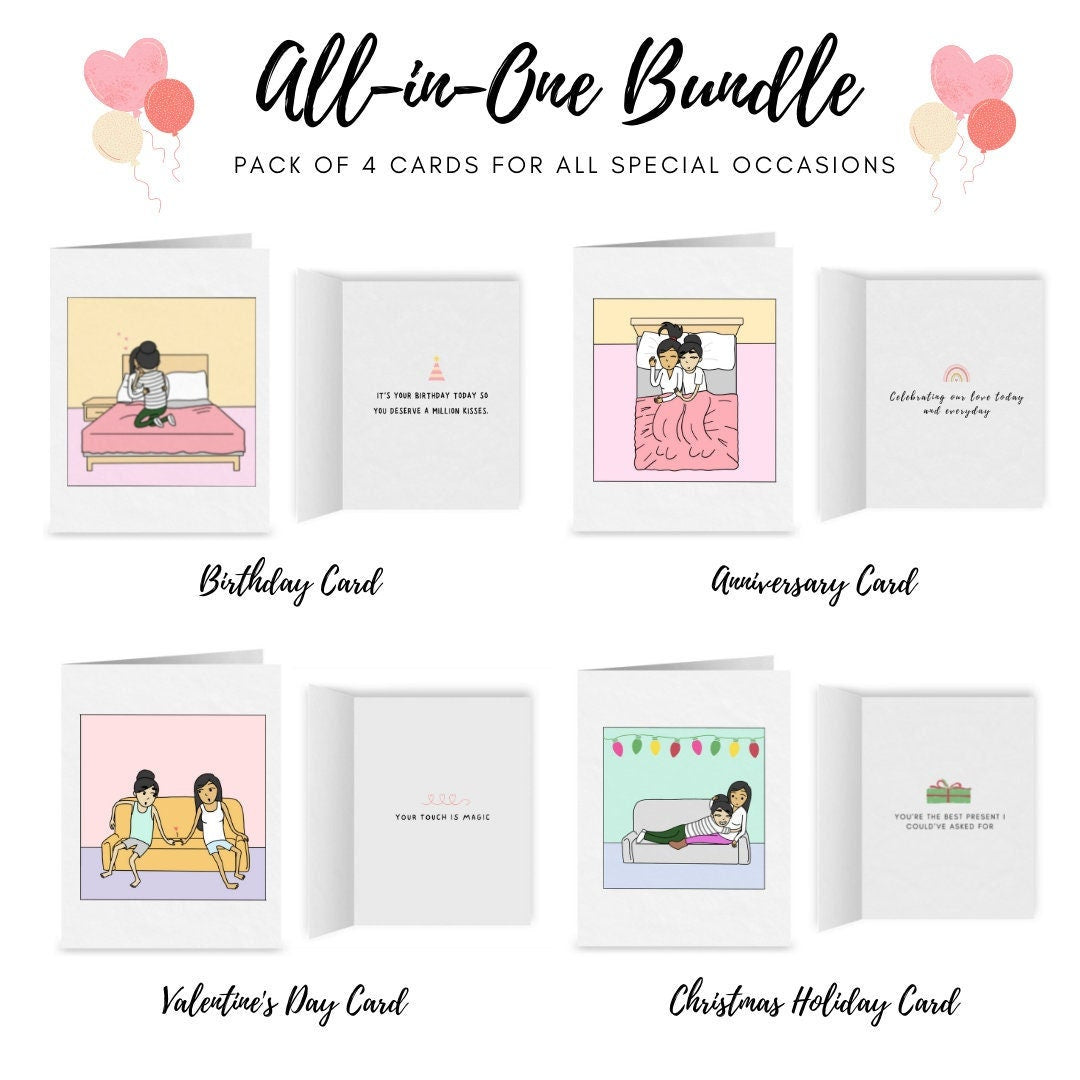 All in One Card Bundle (Pack of 4) | Cute Lesbian Greeting Cards | WLW Romantic Anniversary Cards | LGBTQ Valentine's Day Cards & Gifts