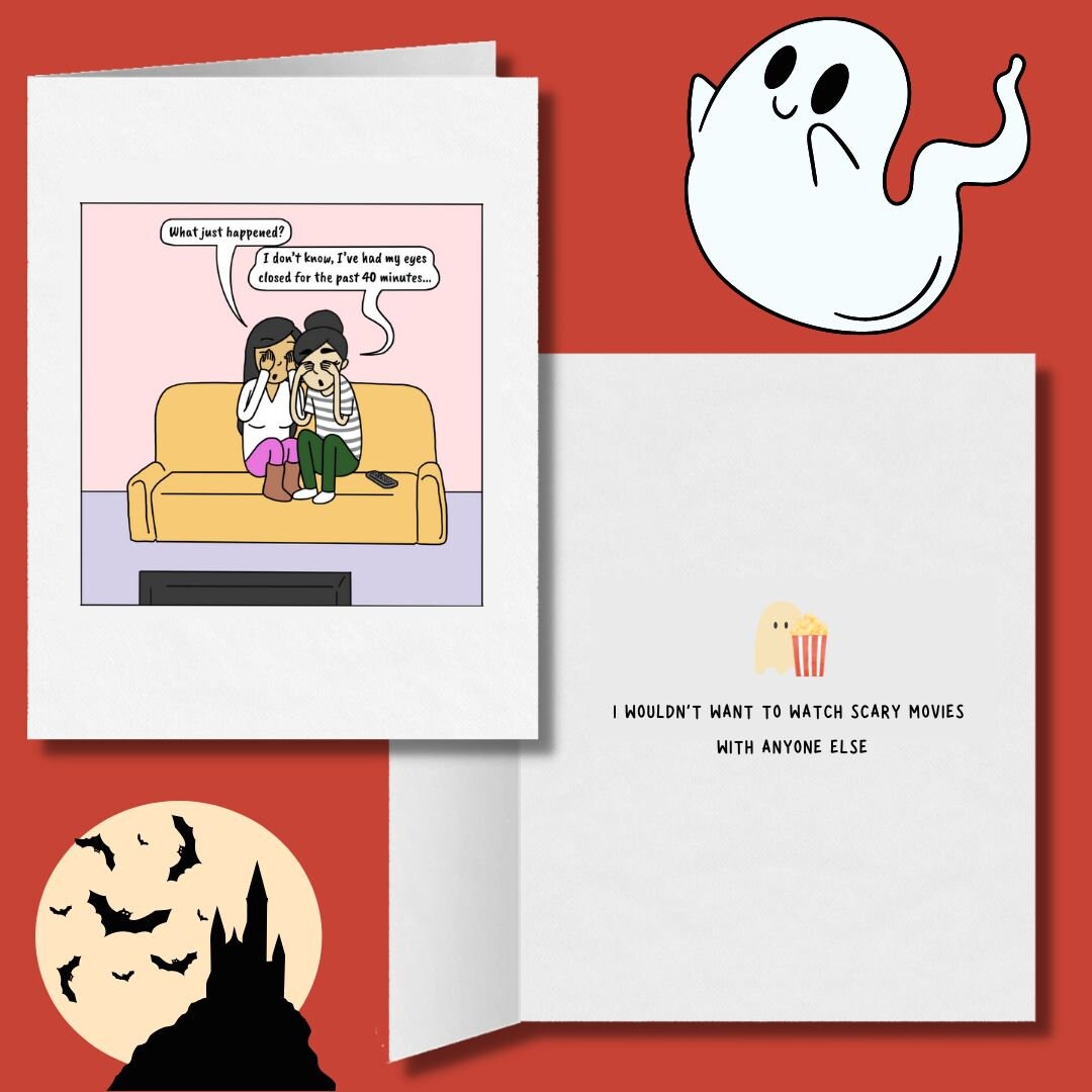 Scary Movies | Spooky Romantic Lesbian Halloween Greeting Card | Cute LGBTQ Halloween Gift | Sapphic Relationship | WLW Couple
