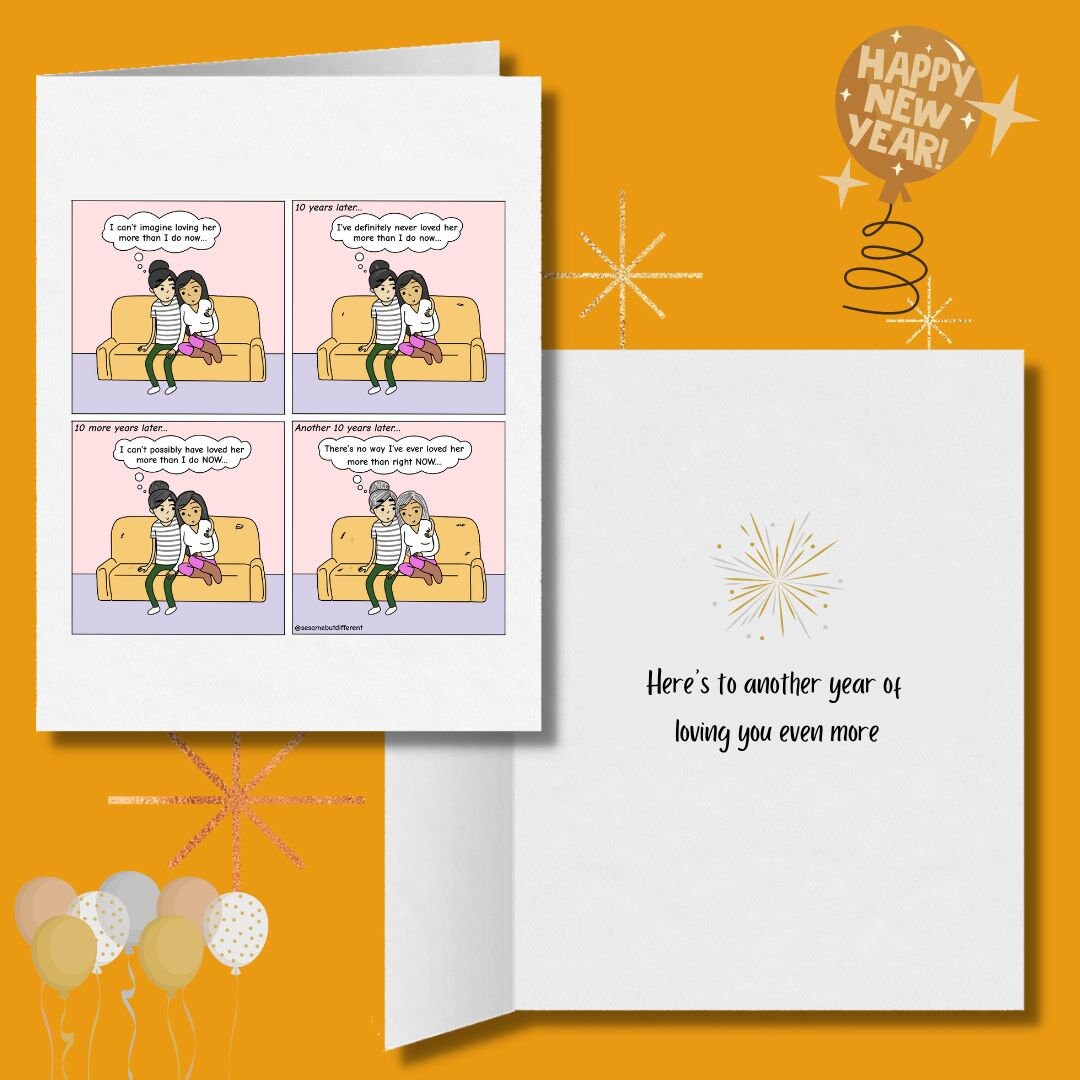 Another Year of Loving You More | Romantic Lesbian Xmas & New Year Cards | Cute LGBTQ Holiday Gift | WLW Cuddling Sapphic Xmas Greeting Card