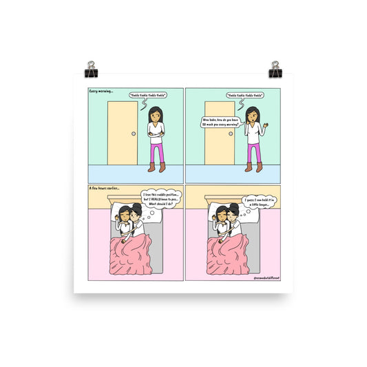 Important Morning Decisions | Cute Lesbian Gifts | LGBTQ Couple Cuddling Comic Print (10" x 10") |Sesame But Different