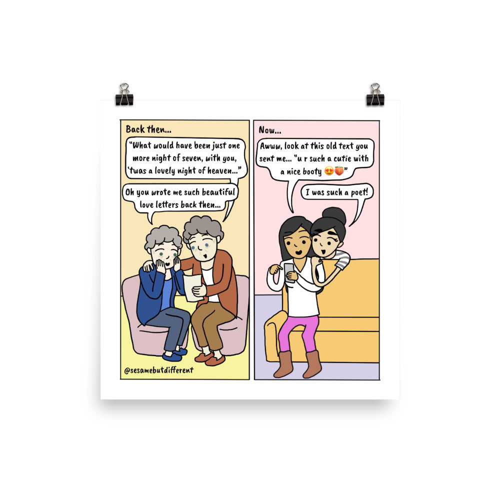 A Secret Love - Then vs. Now| Lesbian LGBTQ Comic Print (10" x 10") | Full Color | Sesame But Different